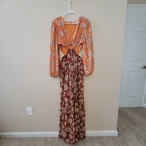 Flying Tomato Orange and Brown Front Ring Maxi Boho Dress with Plunge Neckline